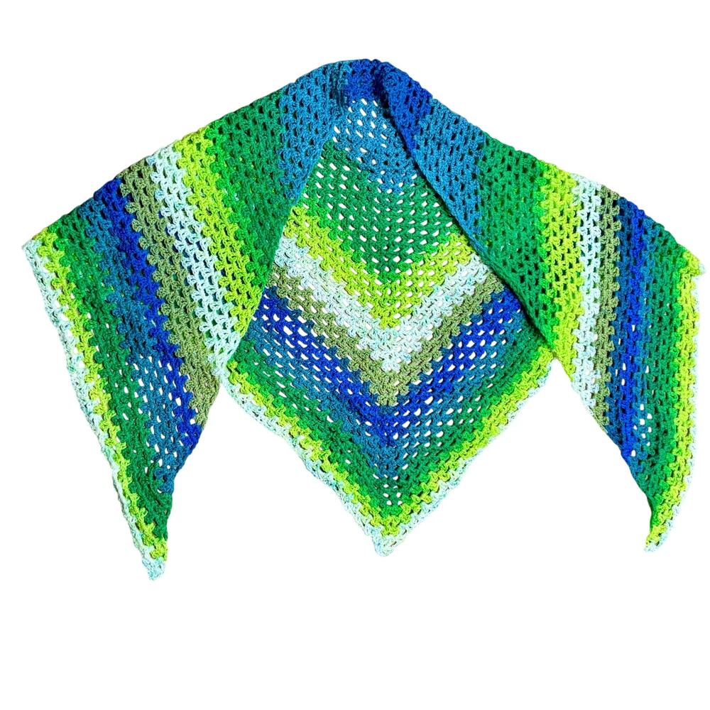 Handmade Triangle Crochet Shawl Blue Green OSFM Acrylic Granny Stitch